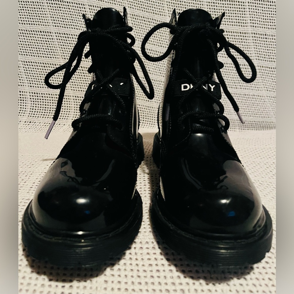 DKNY Glossy Black Lace-Up Combat Boots